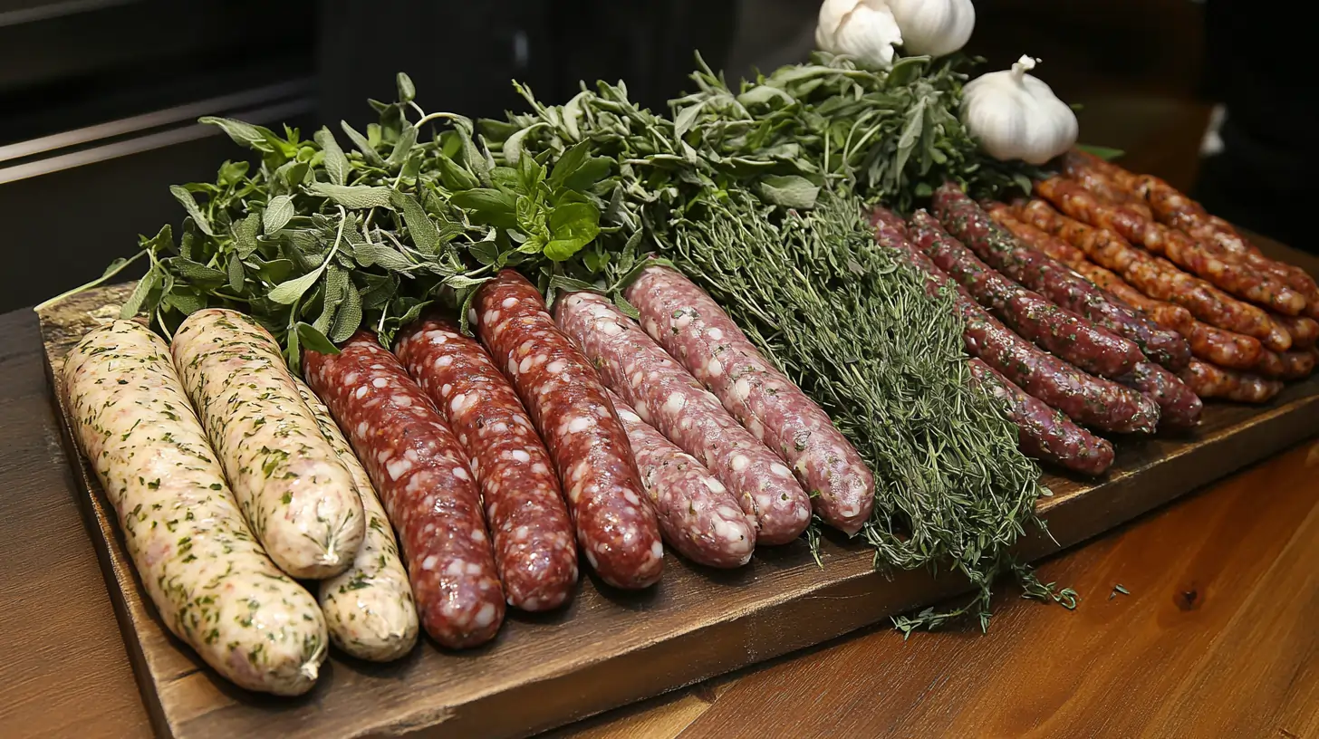 A variety of Italian sausages with fresh herbs and garlic.