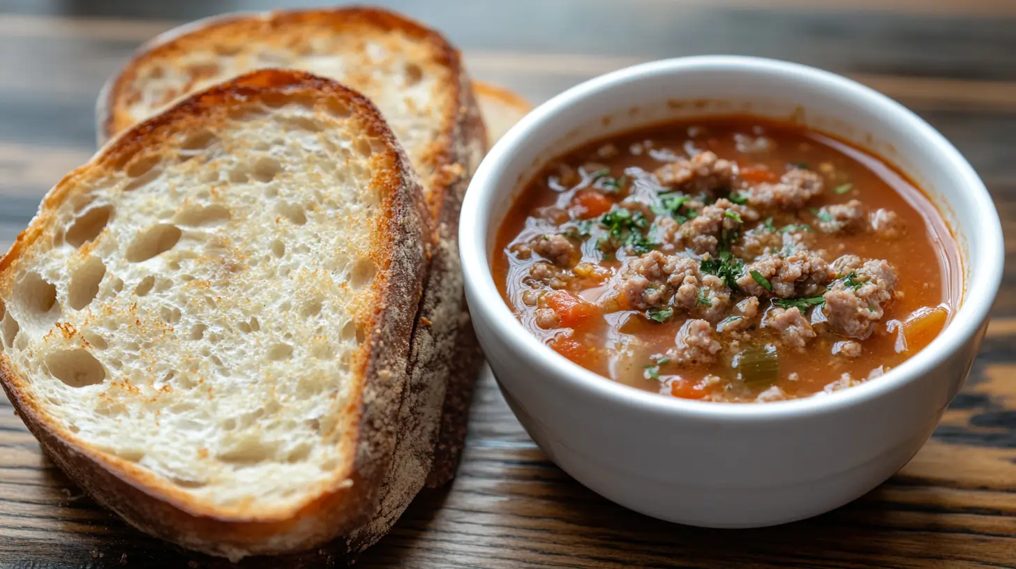 Italian sausage soup with rustic artisan bread.