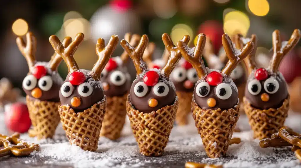 Festive chocolate reindeer cones on a holiday-themed table.