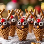 Festive chocolate reindeer cones on a holiday-themed table.