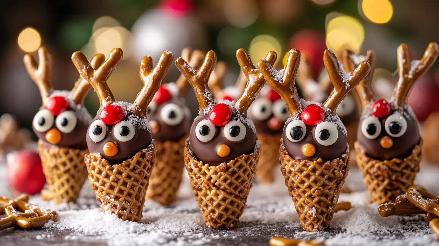 Festive chocolate reindeer cones on a holiday-themed table.