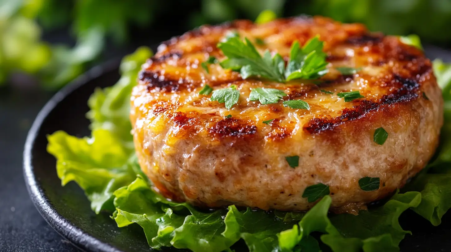 Juicy burger patty with grill marks in a burger bowl setup.