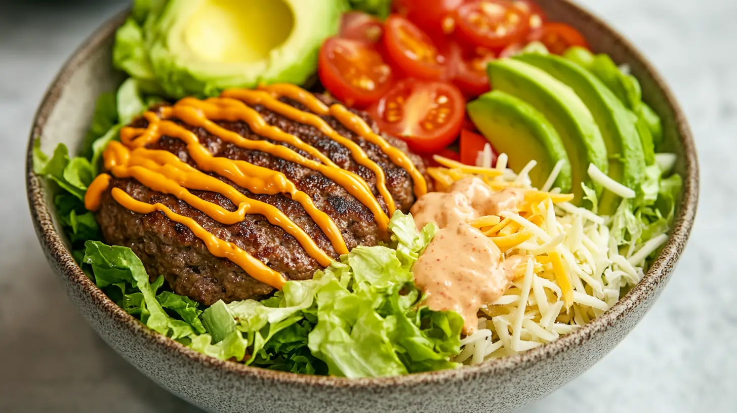 Burger bowl with a juicy beef patty and fresh toppings