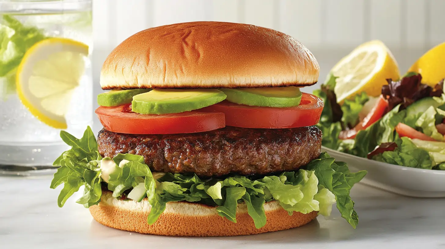 A healthy hamburger with fresh vegetables and whole-grain bun.