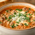 A bowl of creamy Parmesan Italian sausage soup with garnish.