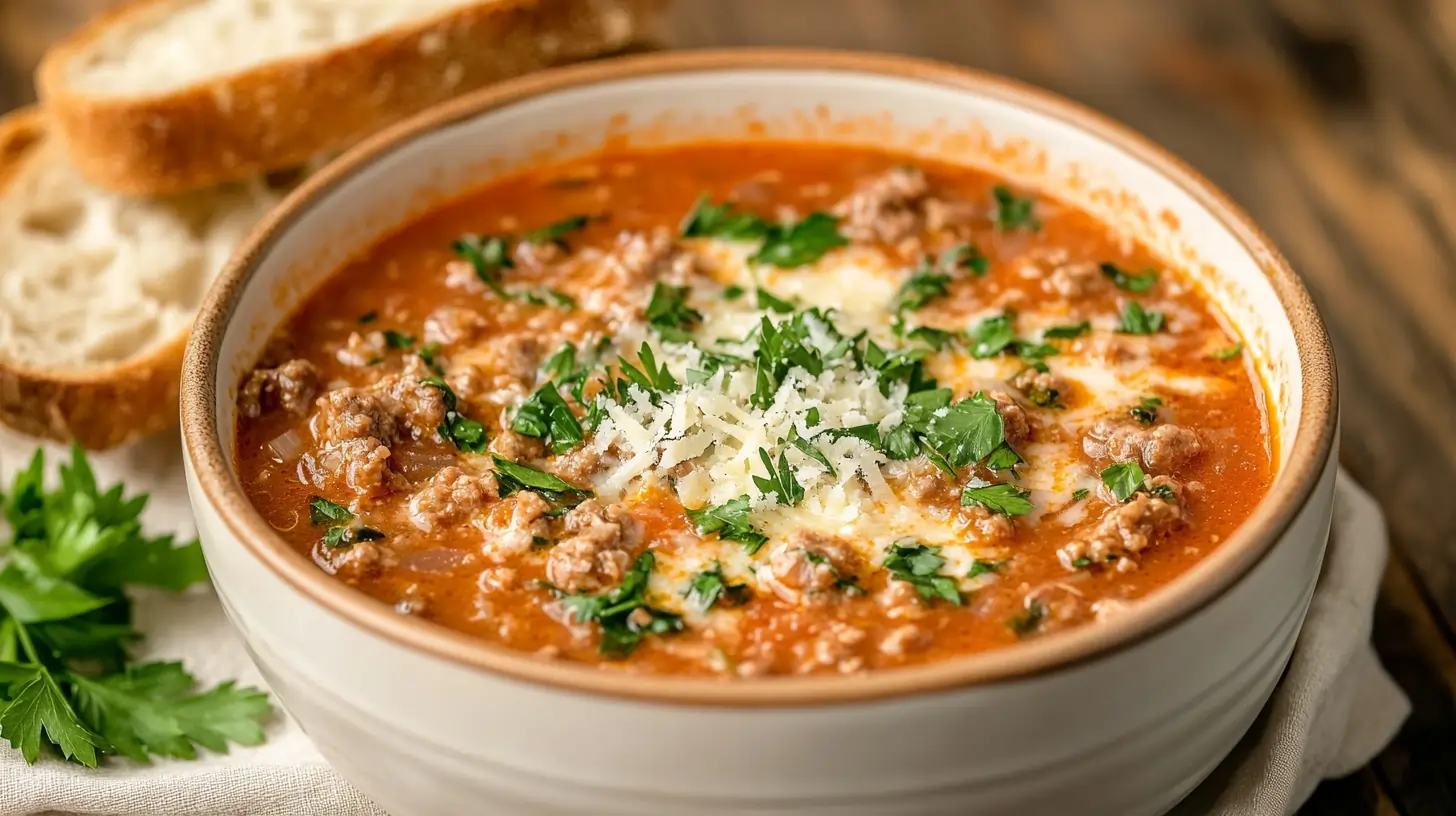 A bowl of creamy Parmesan Italian sausage soup with garnish.