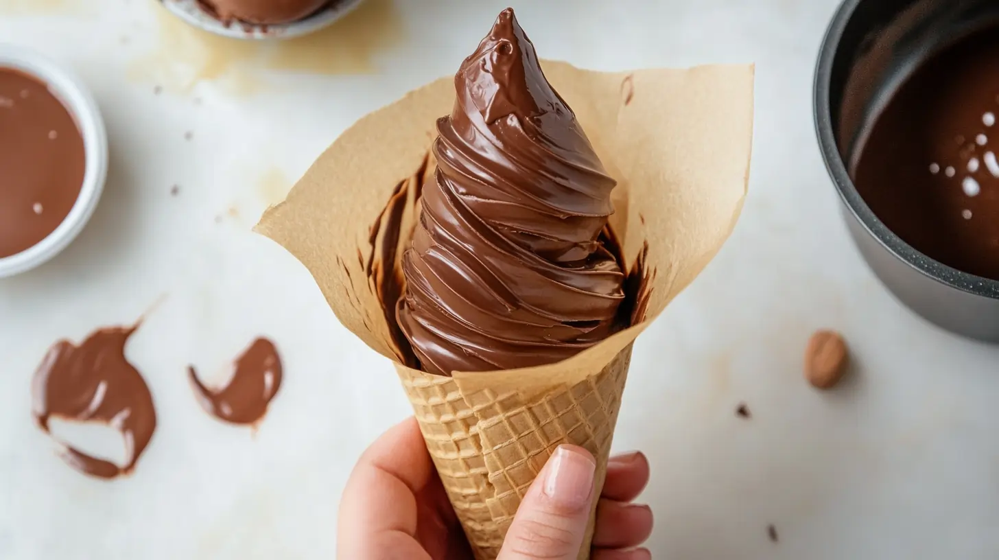 Hands shaping melted chocolate into cones on parchment paper.