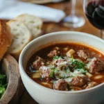 Italian sausage soup with artisan bread, Caesar salad, and wine.