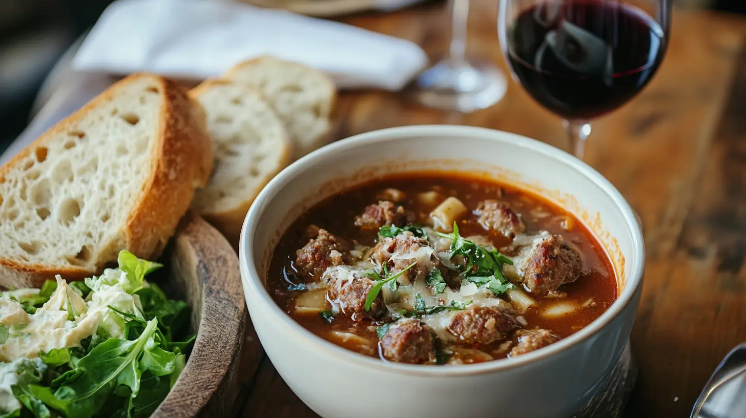 Italian sausage soup with artisan bread, Caesar salad, and wine.