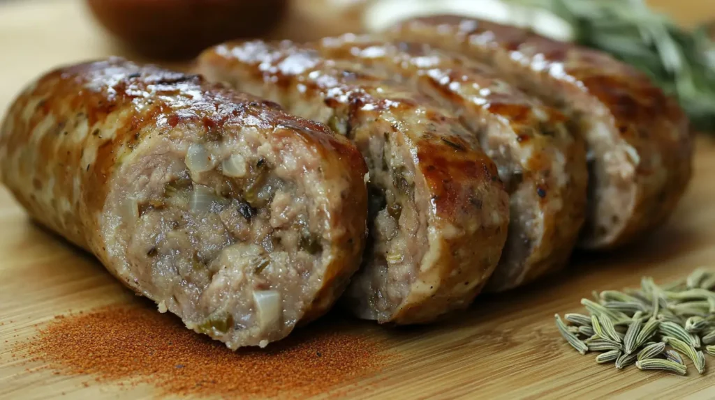 Sliced Italian sausage showcasing its texture and seasonings.