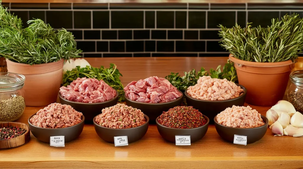 Ground beef, turkey, and chicken in bowls with fresh herbs.