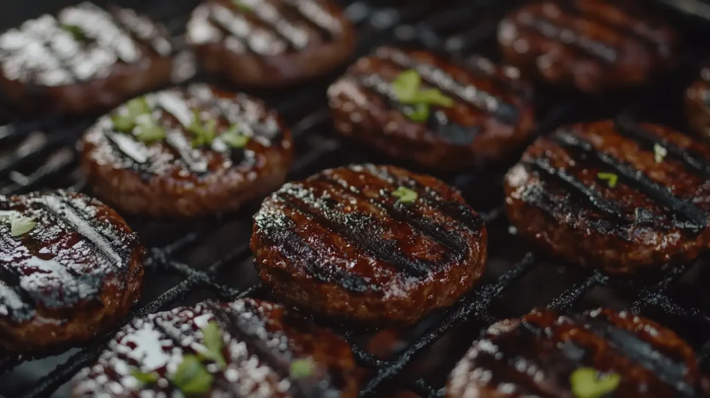 Lean beef patties cooking on a grill with fresh herbs.