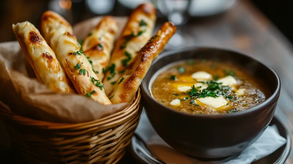 Basket of garlic breadsticks served with Italian sausage soup.