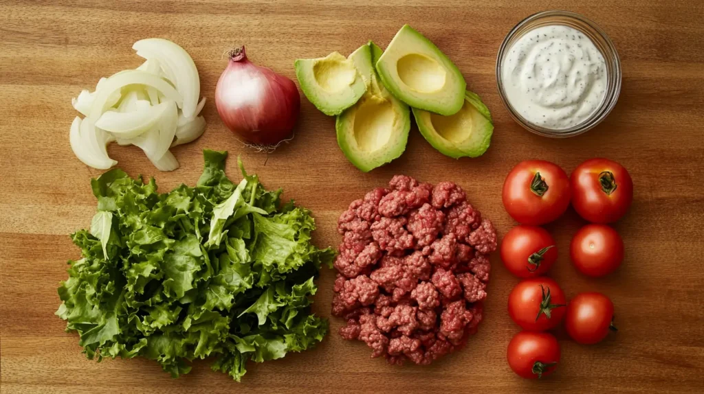 Ingredients for a healthy hamburger arranged on a table.