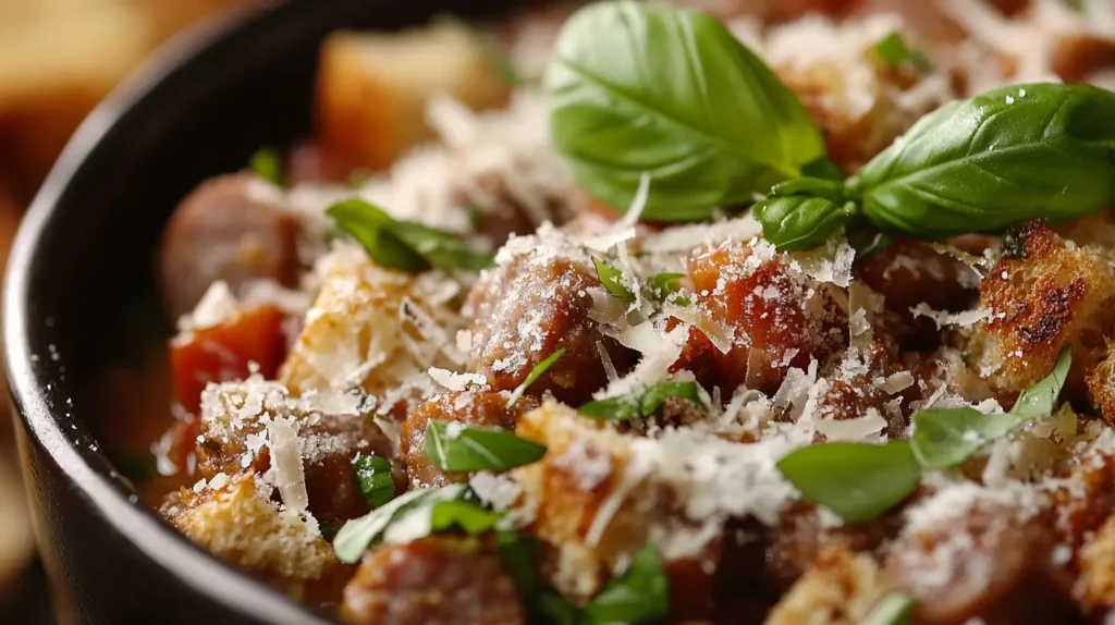 Italian sausage soup topped with Parmesan, basil, and croutons.