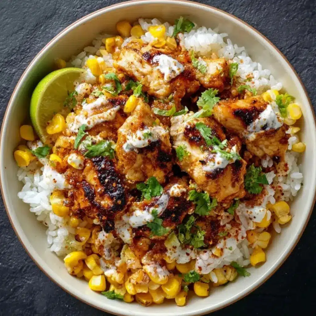Street corn chicken rice bowl with colorful toppings and garnishes.