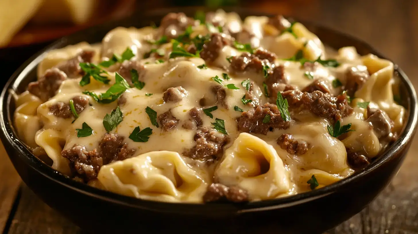 Cheesesteak tortellini in provolone sauce.