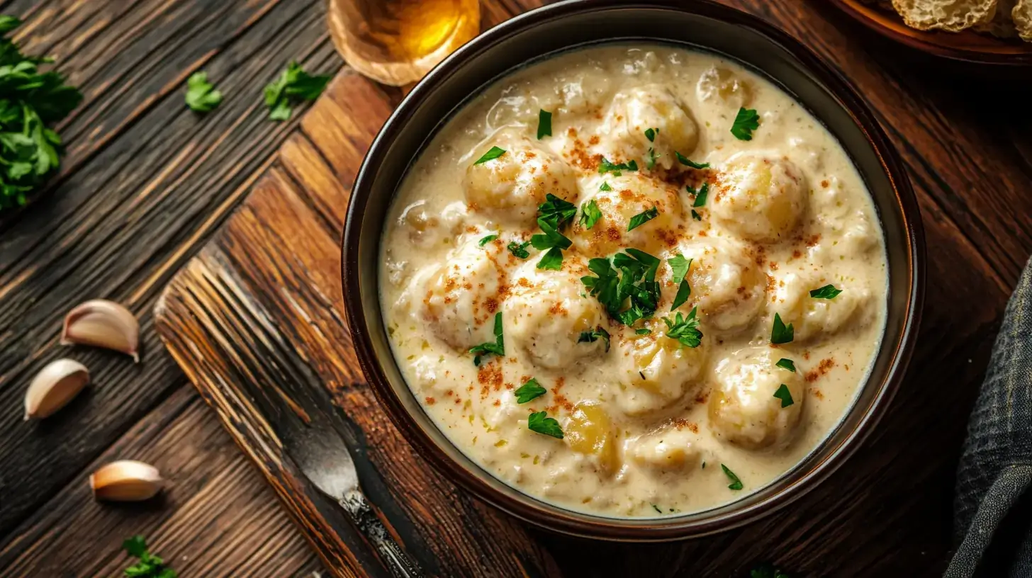 Creamy garlic sauce baby potatoes garnished with parsley.