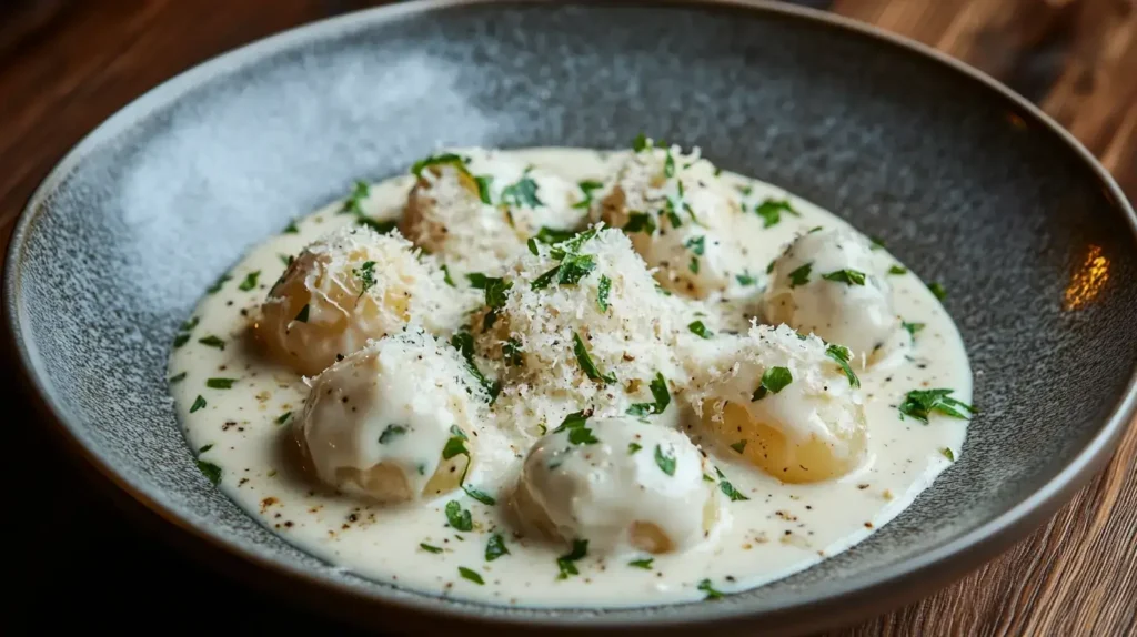 Plated creamy garlic sauce baby potatoes with garnish.