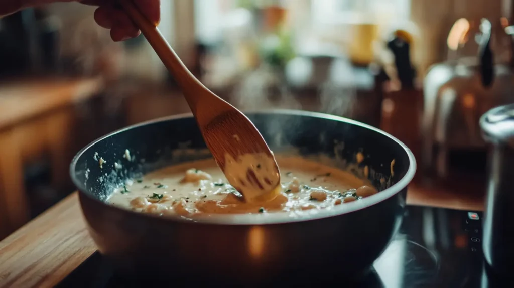 Simmering creamy garlic sauce in a pan.