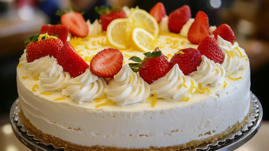 Decorated cheesecake with whipped cream, strawberries, and lemon zest.