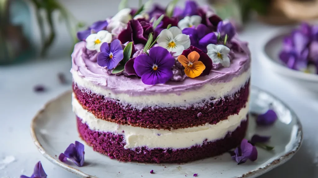 Decorated violet velvet cake with cream cheese frosting and edible flowers.