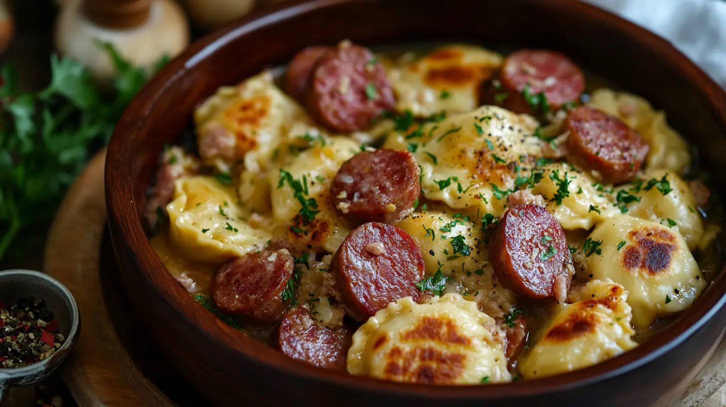 Kielbasa and pierogies crockpot dish served with herbs.