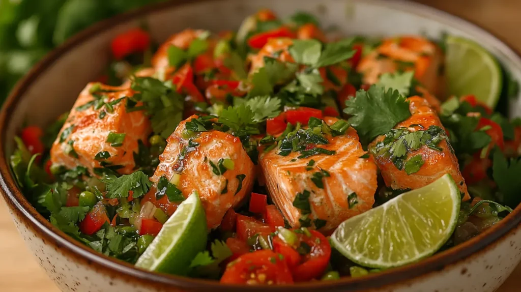 Salmon Salad Cilantro Dressing, lime, and garnishes.