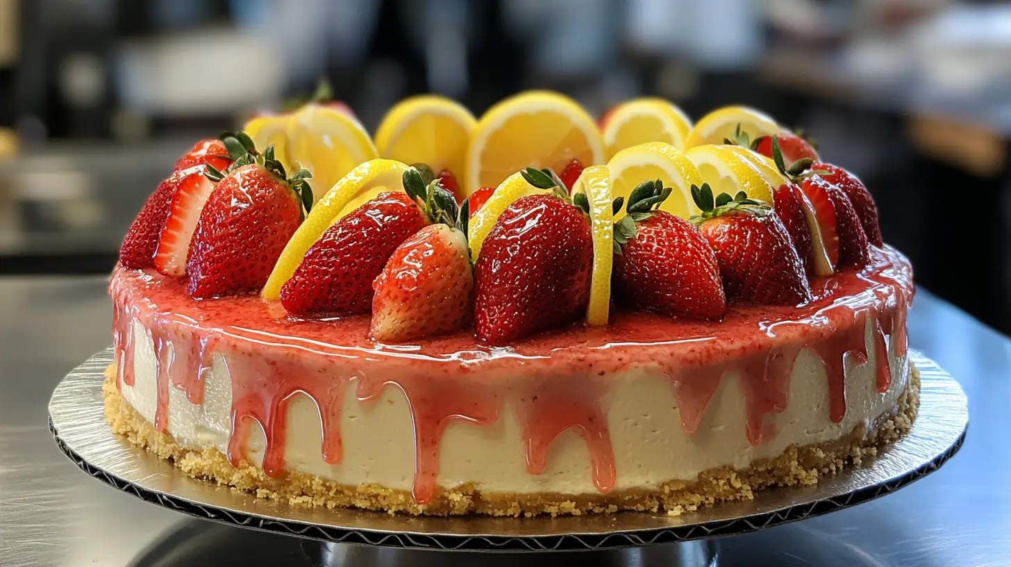 Strawberry lemon cheesecake garnished with fresh fruits and glaze.