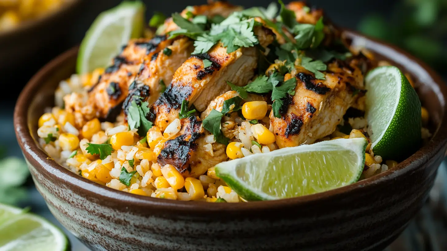 Street corn chicken rice bowl with colorful toppings and garnishes.