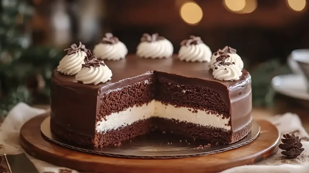 Swiss Chocolate Chalet Cake with snowy decorations and chocolate details.