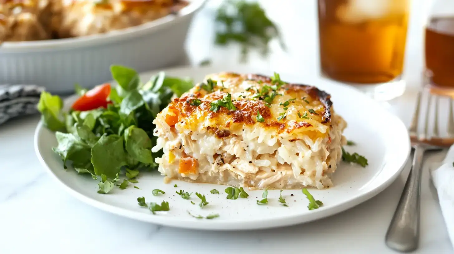 Angel chicken rice casserole in a baking dish.