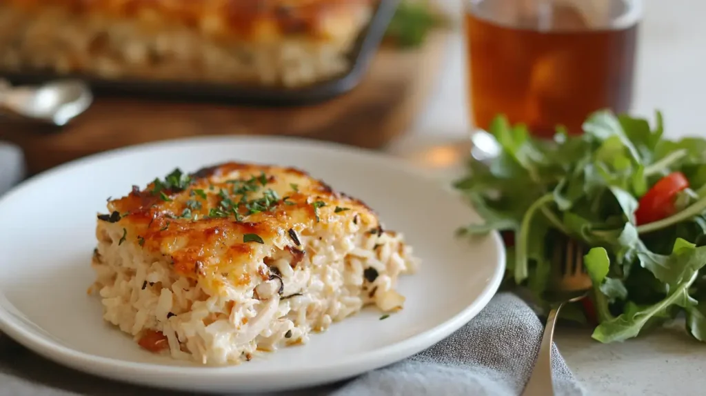 Slice of angel chicken rice casserole with salad.