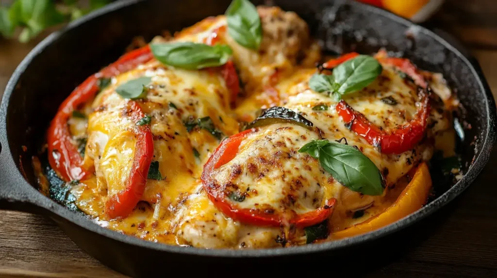 Cheesy baked chicken with roasted peppers.