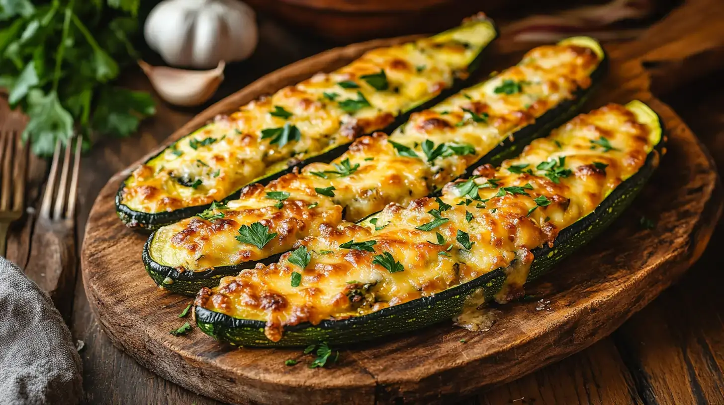 Cheesy garlic zucchini steaks on a platter.