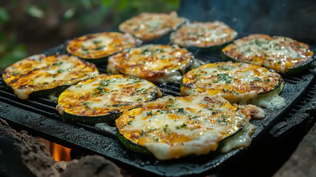 Cheesy garlic zucchini steaks on the grill.