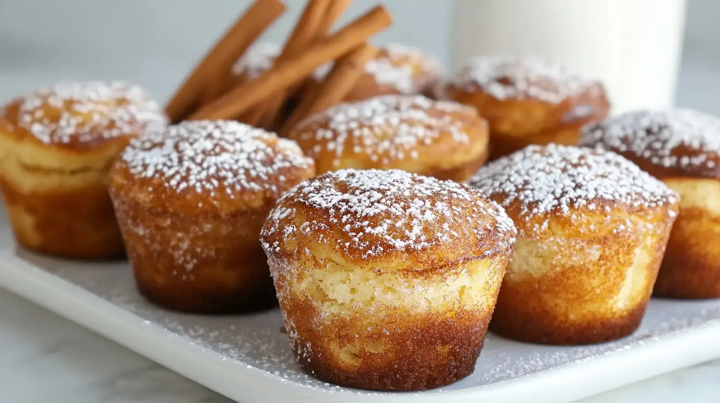 Golden cinnamon sugar French toast muffins garnished with powdered sugar.