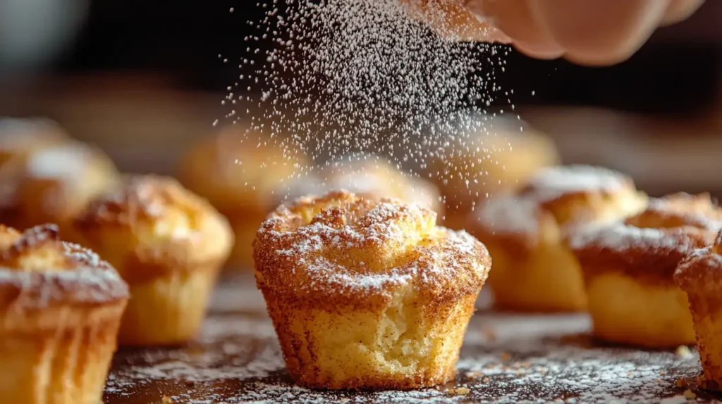 Cinnamon sugar being added to warm French toast muffins.