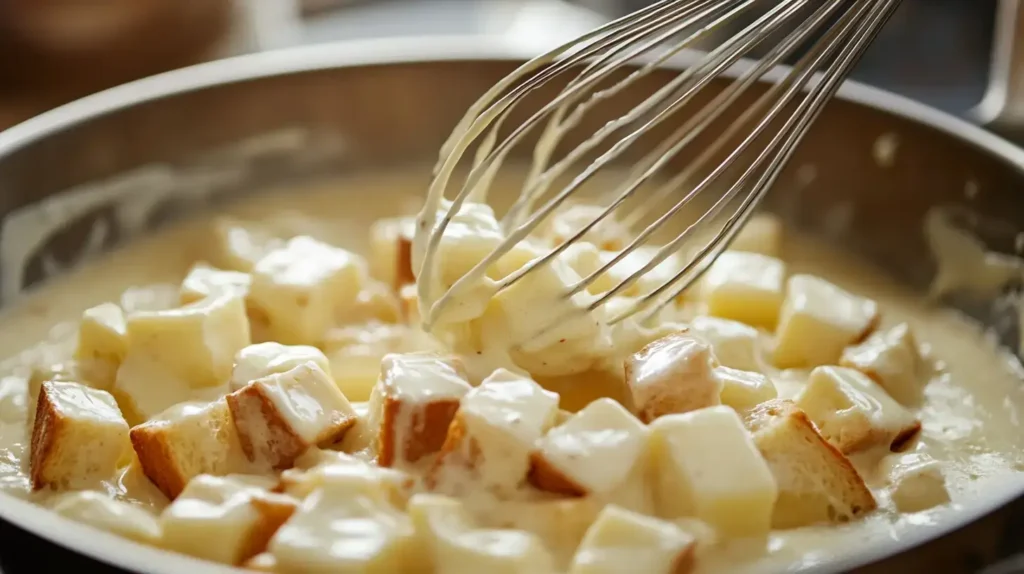 Bread cubes soaking in a creamy custard mixture for muffins.