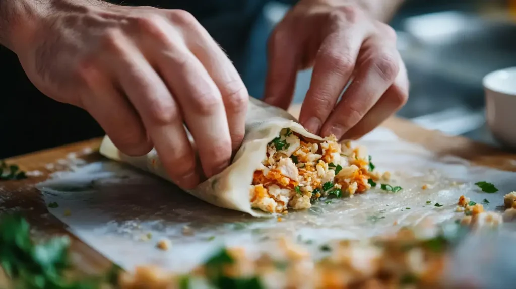 Filling and rolling crab cake egg rolls.