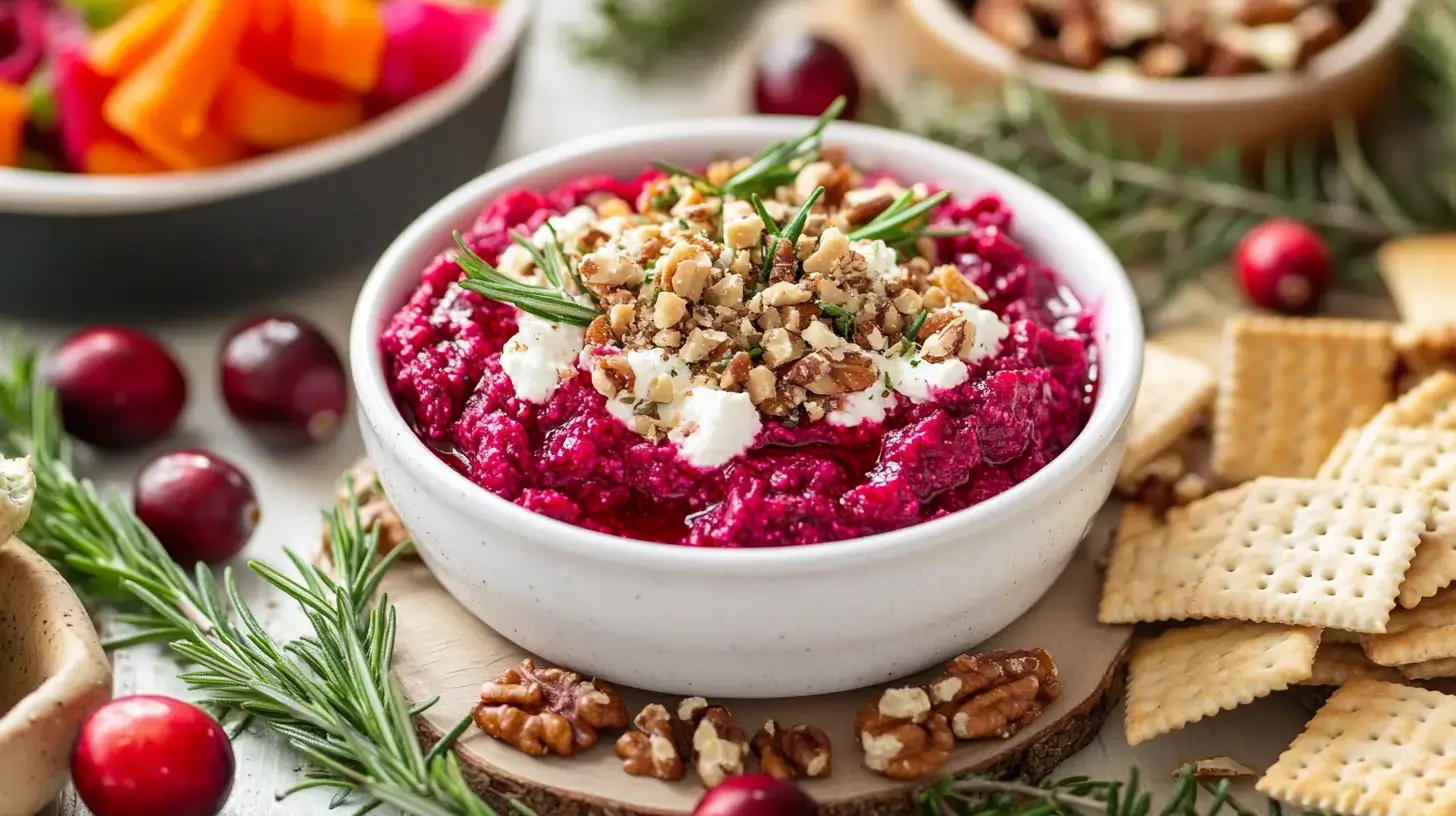 Cranberry whipped feta dip garnished with rosemary and nuts, served with crackers and vegetables.