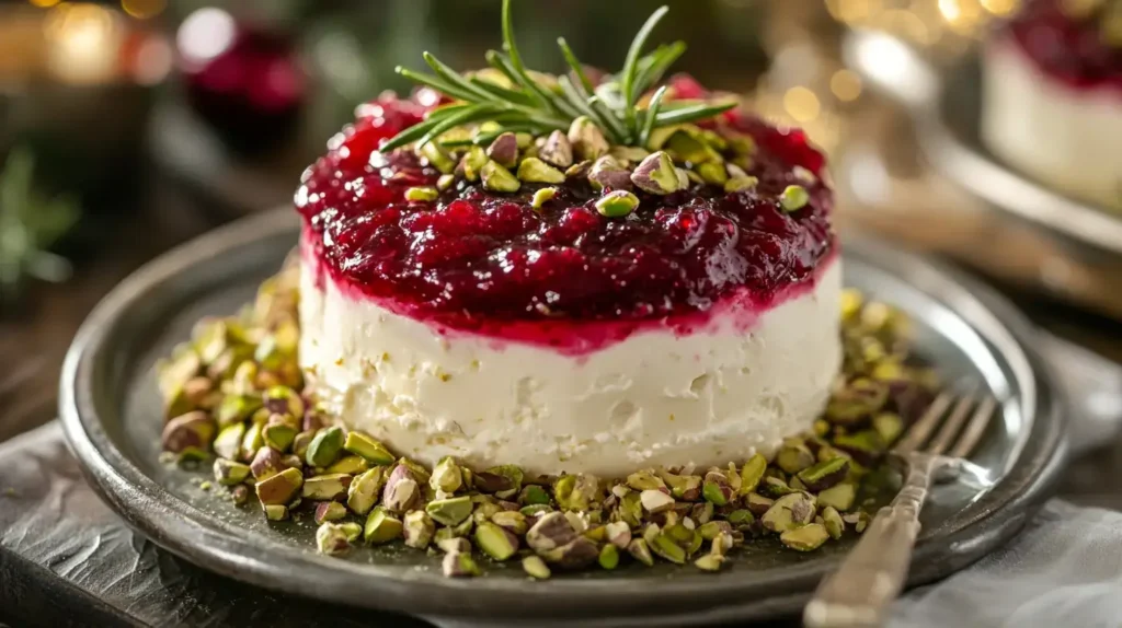 Layered cranberry whipped feta dip with rosemary and pistachio garnish.