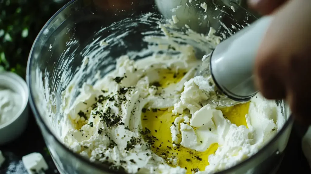 Ingredients being blended into smooth whipped feta in a food processor.