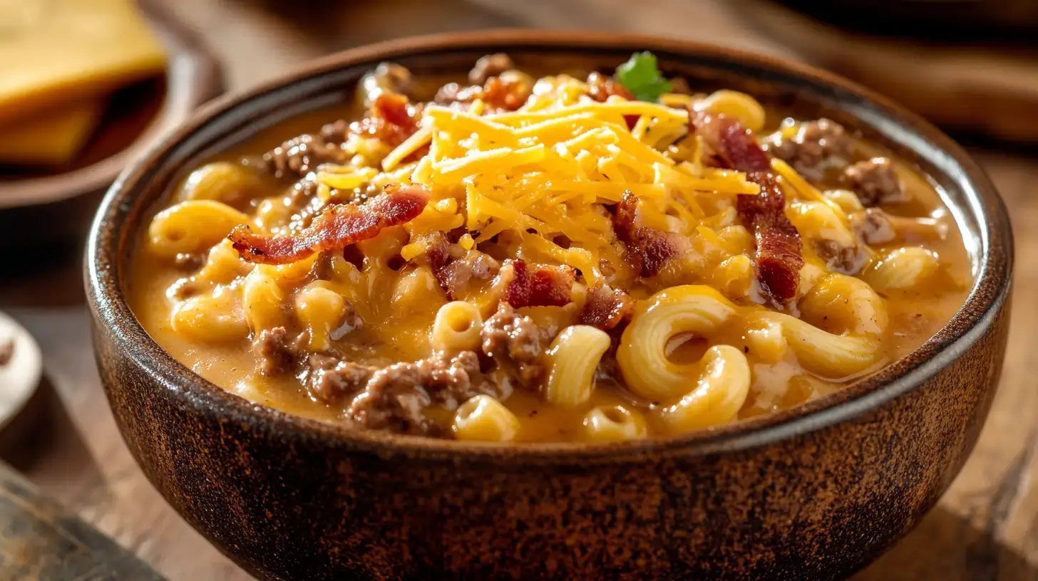 A bowl of rich and creamy macaroni cheeseburger soup.