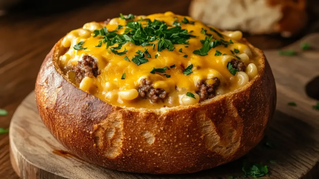 Macaroni cheeseburger soup served in a bread bowl.