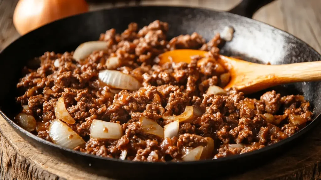 Browning ground beef with onions in a pan.