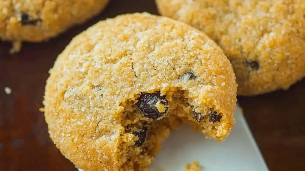 Close-up of a golden-brown no-bake cookie with chocolate chips, coated in sugar, with a bite taken out of it.