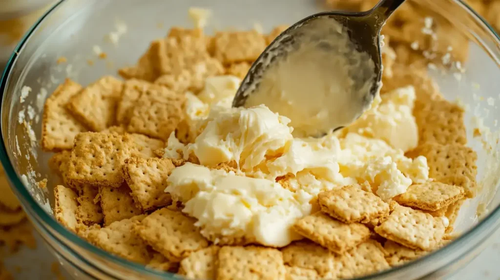 Mixing graham crackers and butter for the crust.