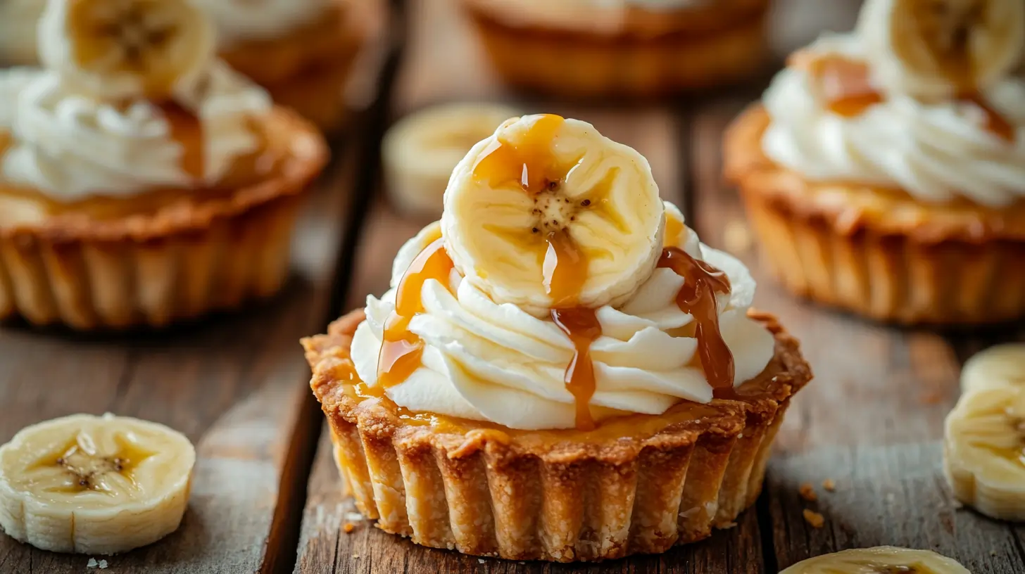 Mini banana cream pies with whipped cream and caramel drizzle.