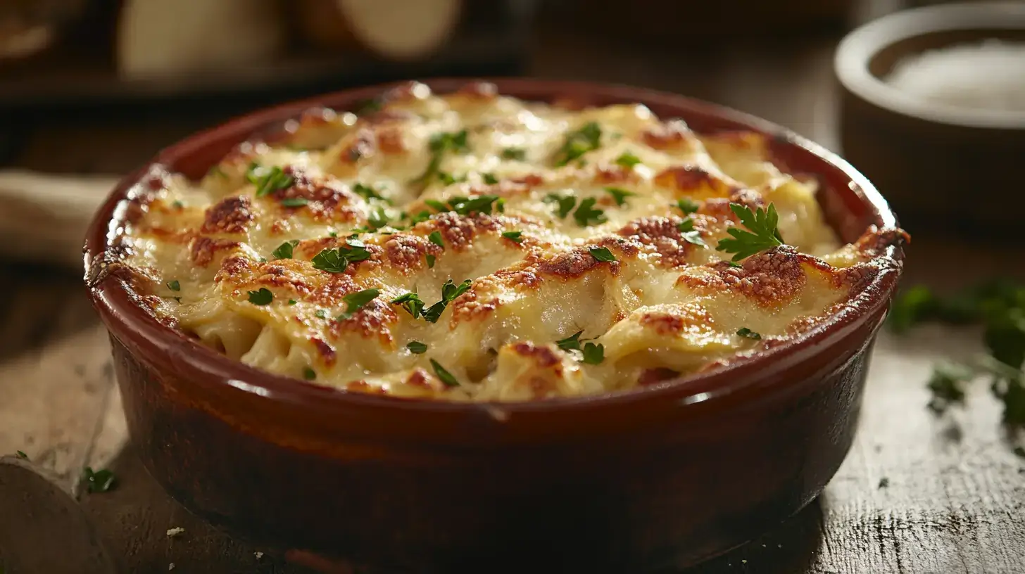 Million Dollar Ravioli Casserole with golden cheese topping and parsley garnish.